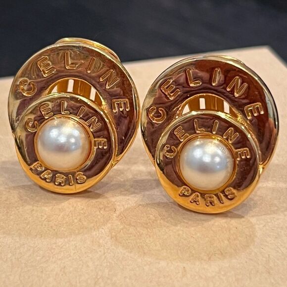 Celine Vintage Double Circle With Faux Pearl Earrings - Picture 1 of 6